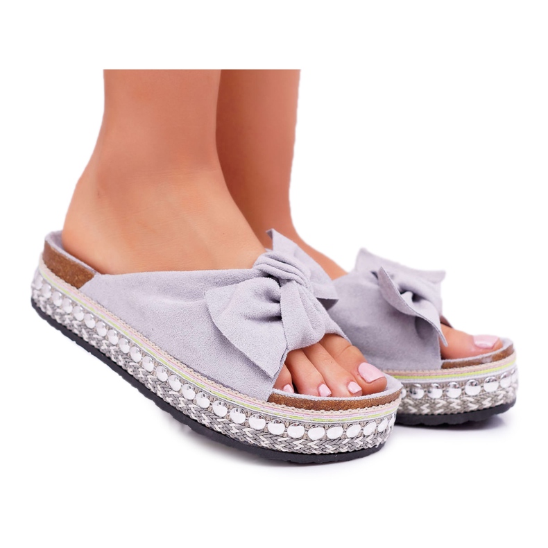 Dámské pantofle s mašlemi tlustou podrážkou šedé Milady šedá