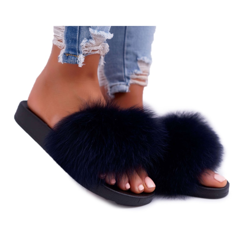 Dámské pantofle s přírodní kožešinou Naturis Navy Blue námořnická modrá