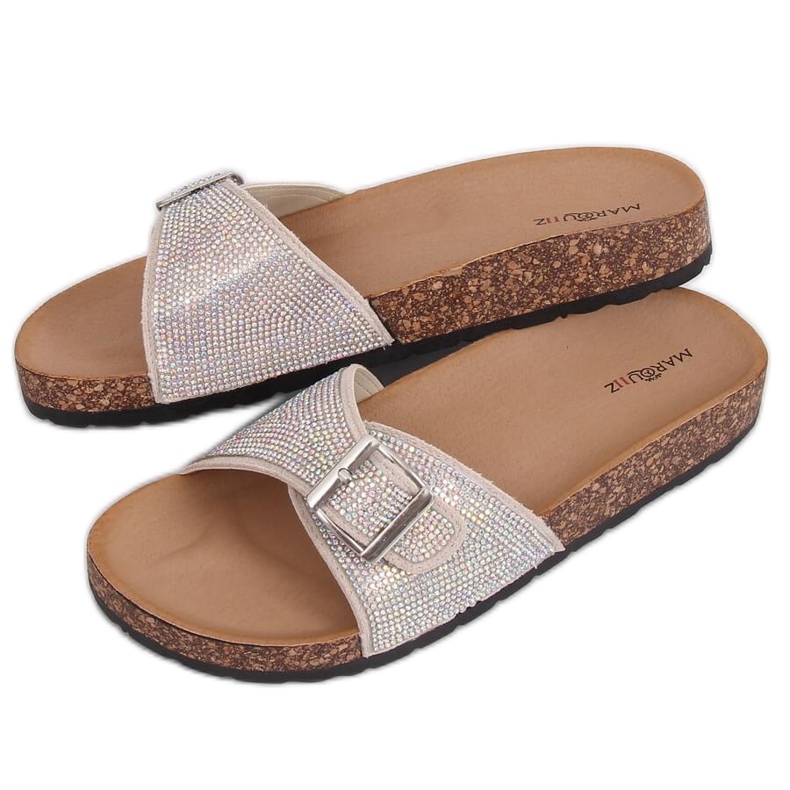 Béžové pantofle scholki s kamínky L-1032 Béžová béžový