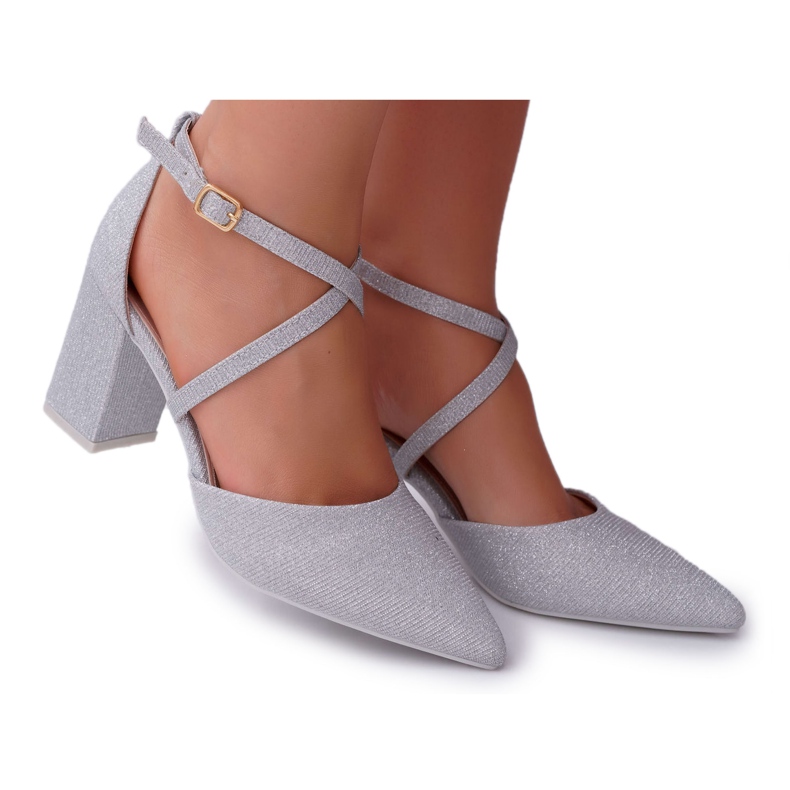 SEA Dámské lodičky na podpatku se třpytivou stříbrnou persetou šedá