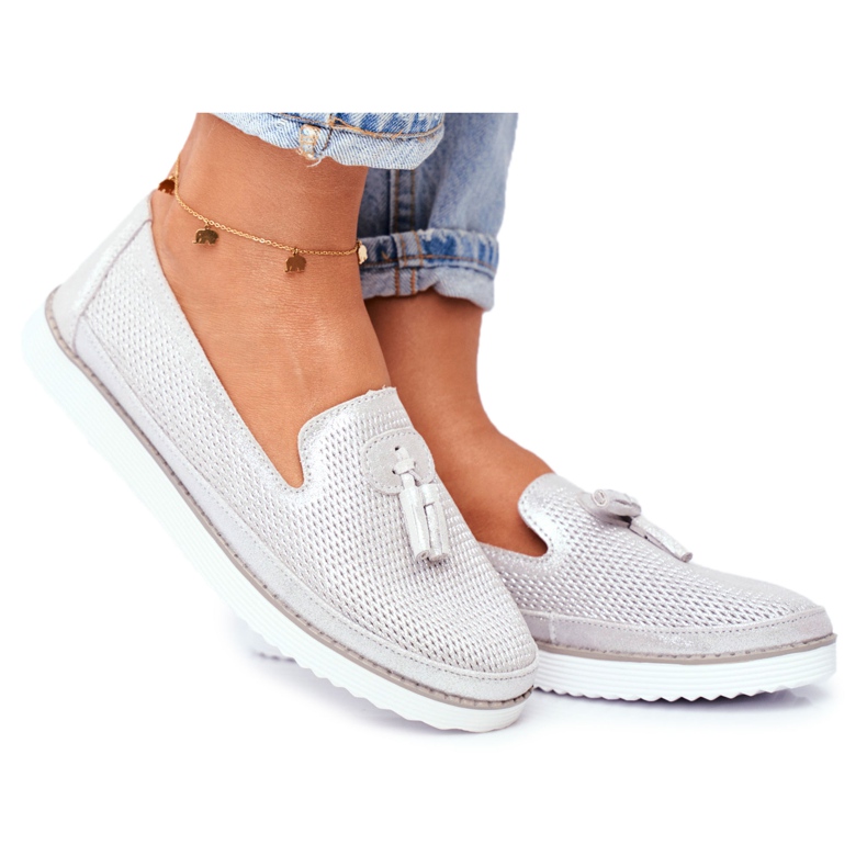 EVE Dámské mokasíny kožené stříbrné Amore Mio šedá