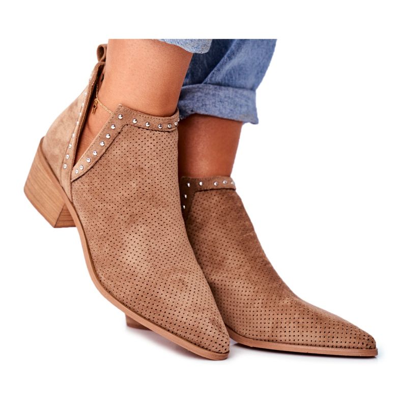 Bellucci Dámské kozačky na podpatku semišové prolamované béžové Margate béžový