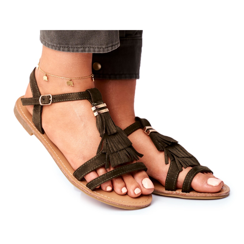 FJ1 Dámské sandály Flat Suede Boho Olive Lucami vícebarevný zelená