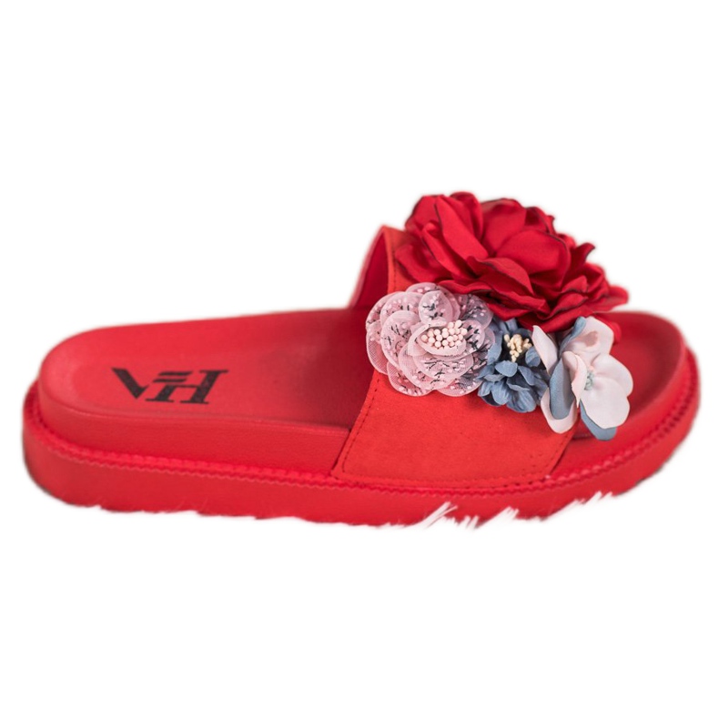 SHELOVET Semišové pantofle s květinami červené