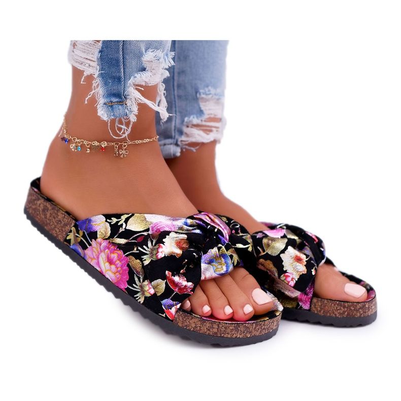 SEA Dámské černé pantofle na korkových květinách Wendy's Bow černá vícebarevný