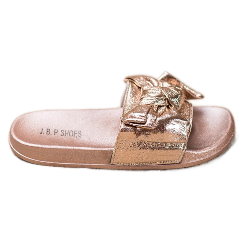 SHELOVET Lesklé pantofle s mašlí zlatý