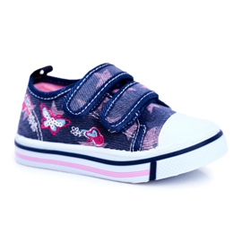 Le Scarpe Dětské tenisky Navy Blue Junalo Velcro námořnická modř růžový