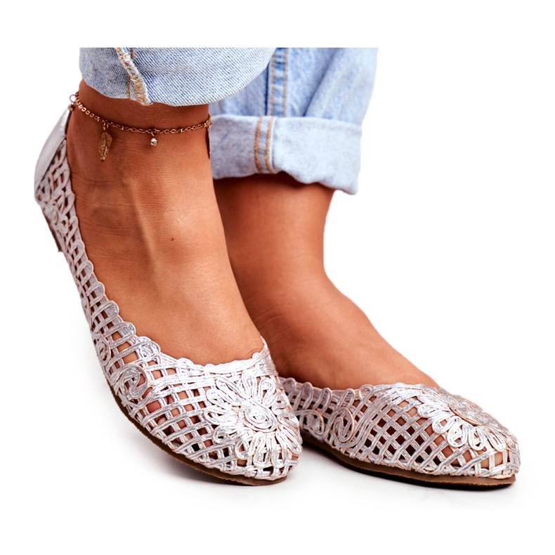 Lu Boo Dámské balerínky Stříbrné prolamované pletené nošení šedá