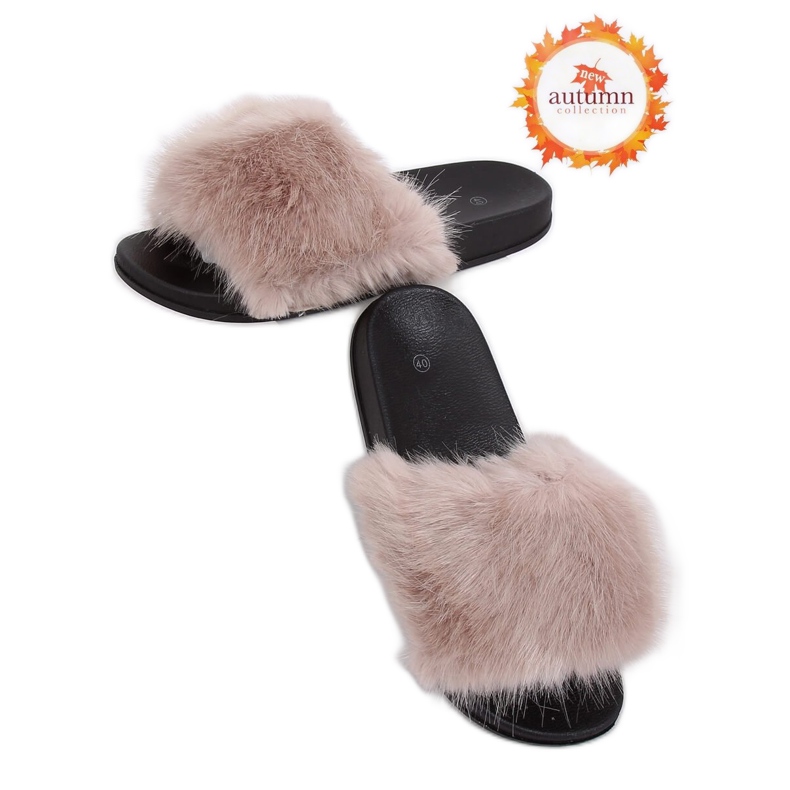 Béžové pantofle s kožešinou CK107P Béžová béžový