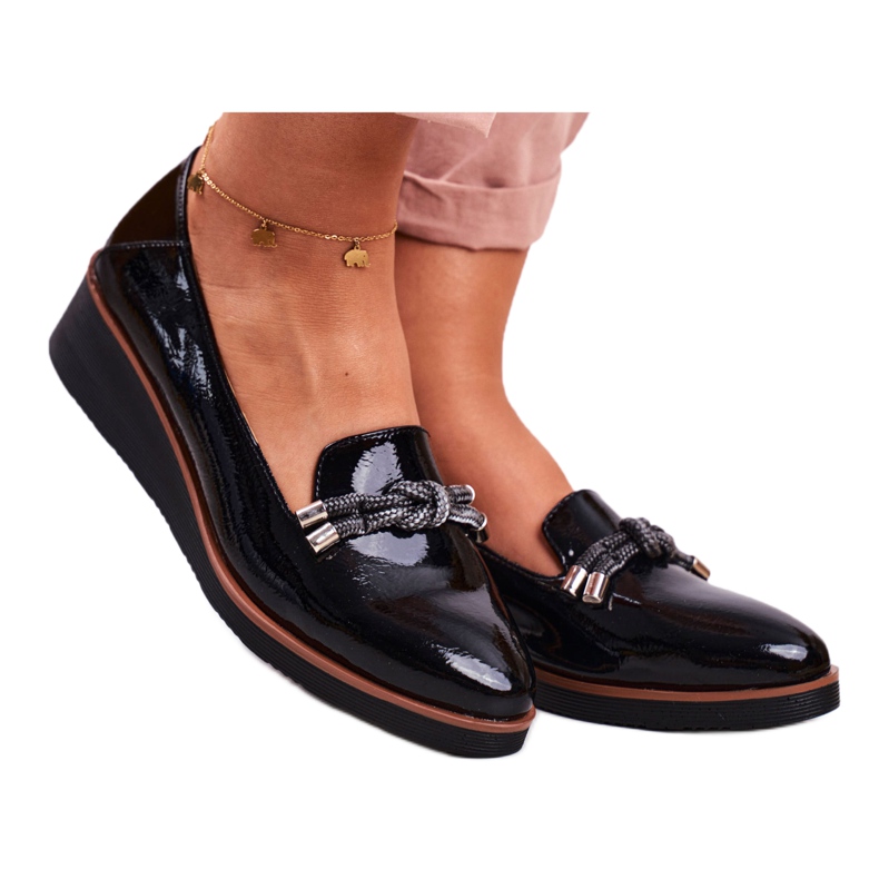 Vinceza Dámské černé mokasíny lakované na klínu Abba černá šedá