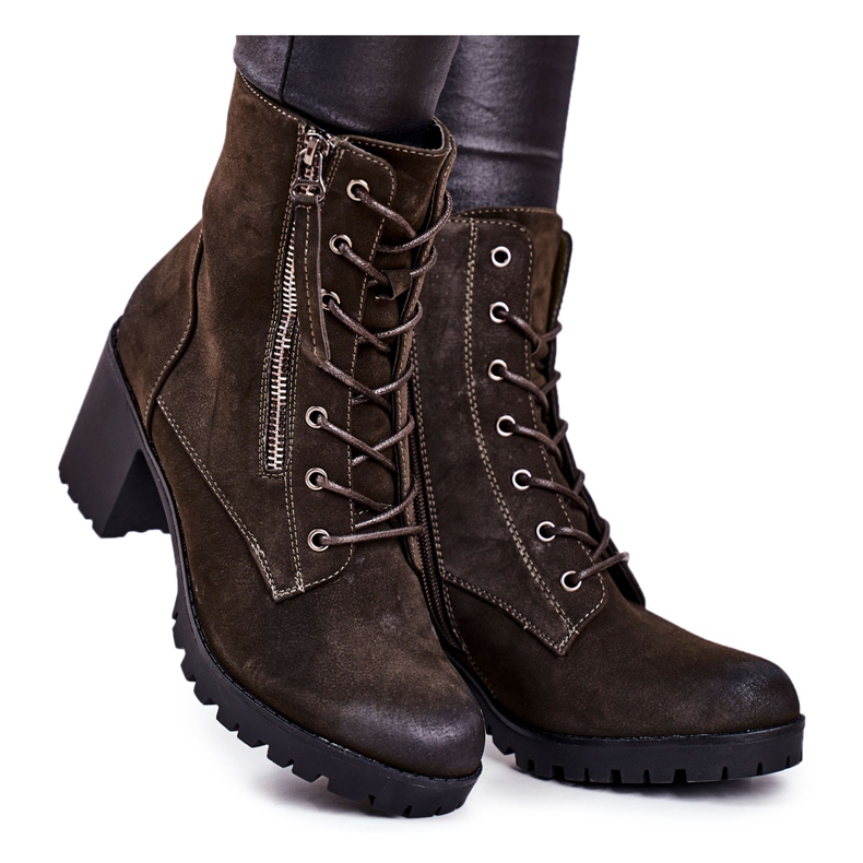 S.Barski Dámské boty na podpatku teplé khaki vimen