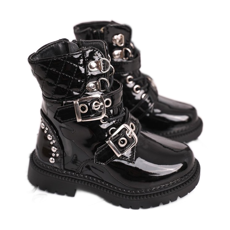 FRROCK Dětské boty zateplené kožešinou, lakovaná černá panenka