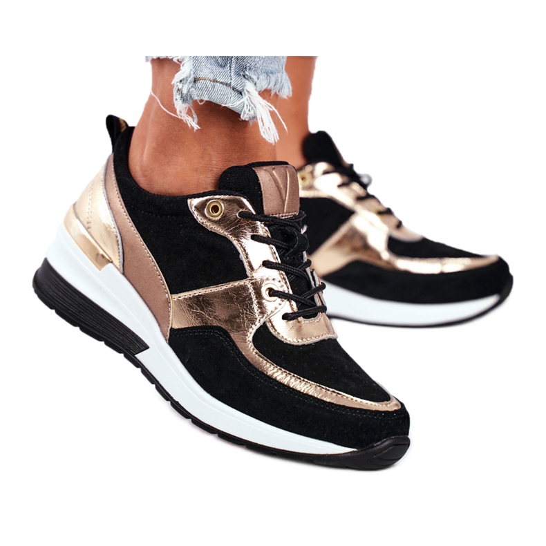 Vinceza Dámská sportovní obuv kůže černá a zlatá 21-7777