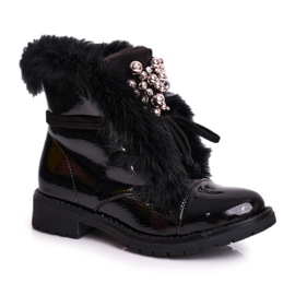 MSMG Dětské kozačky teplé lakované černé Elly černý