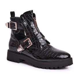 FB2 Dámské boty s výřezy lakované Croco Black Dorothy černý