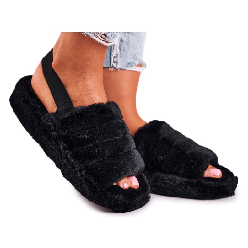 FJ1 Dámské pantofle na kožešinové platformě Černá sněhová vločka