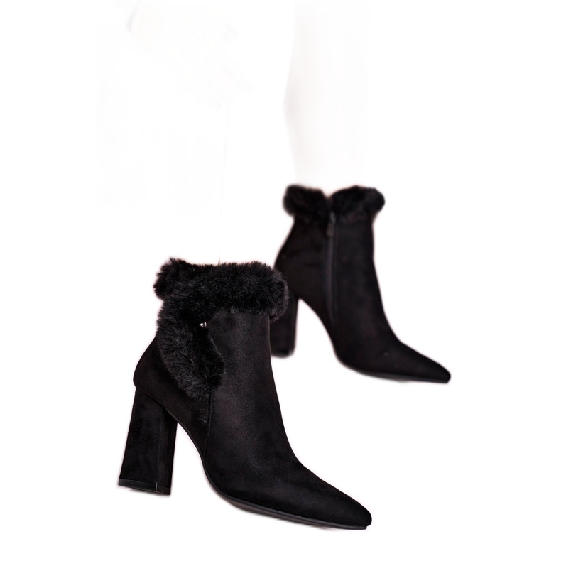 Boty na podpatku s kožešinovým semišem, černá Sophie