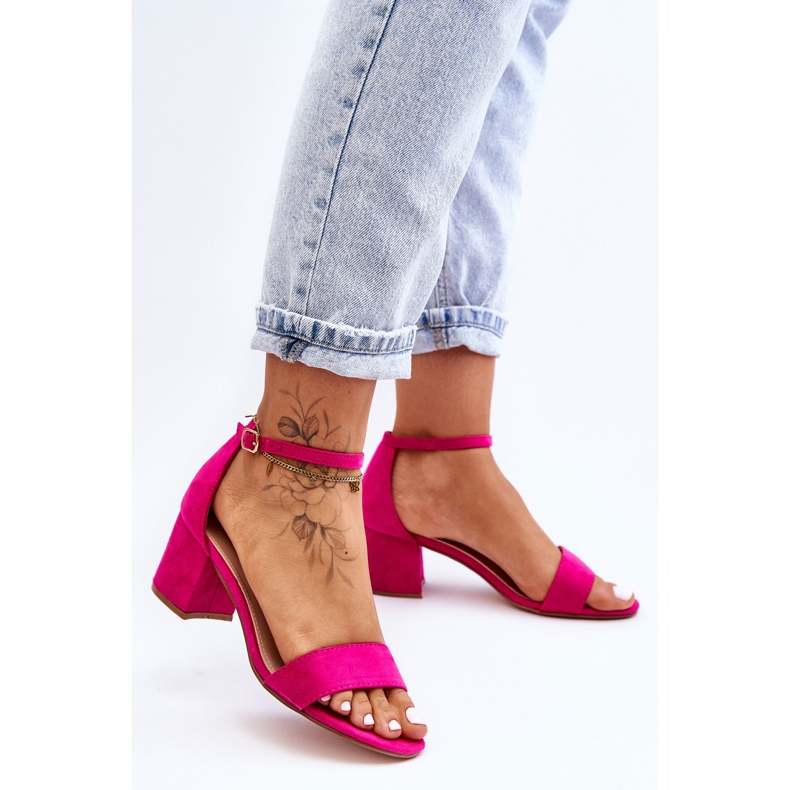 Fuchsiové líbánkové semišové klasické sandály na nízkém podpatku růžový 1