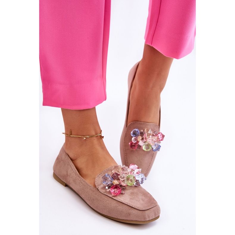 PS1 Semišové mokasíny s dekorativními krystaly Tmavě béžová Arvilla béžový 1