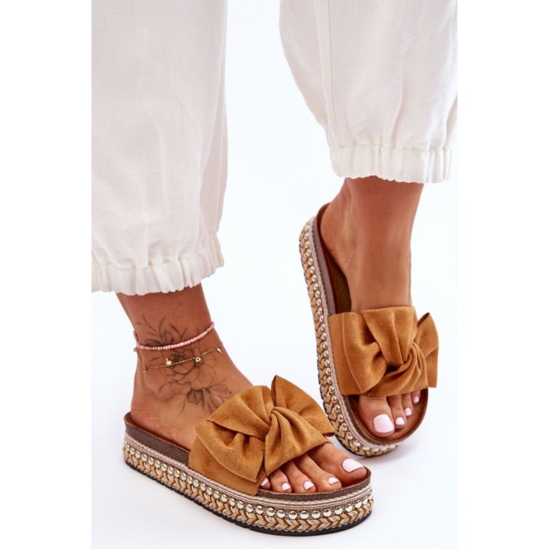 Dámské semišové pantofle s mašlí Camel Lauria hnědý 2