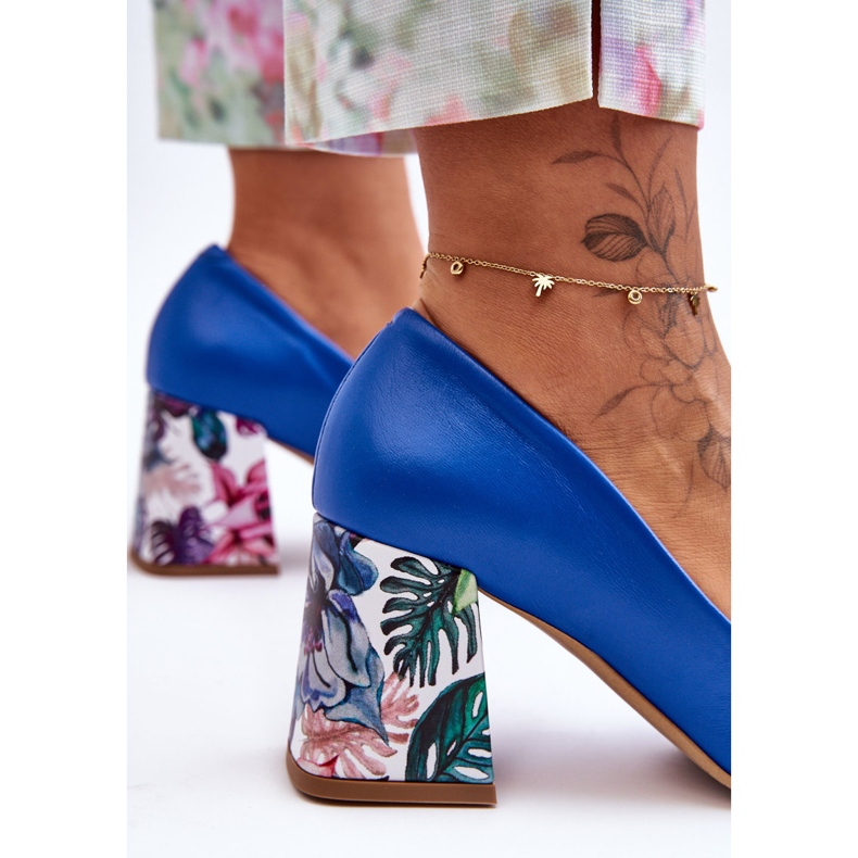 Lewski Shoes Kožené lodičky s ozdobným podpatkem Leski Boty 2608/K Modrá modrý 2