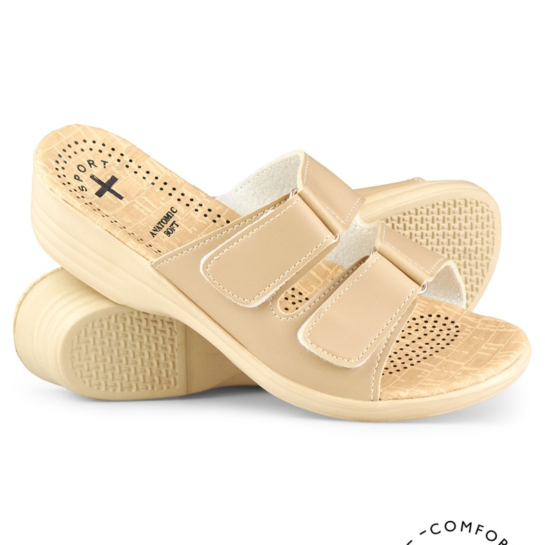 Pohodlné dámské pantofle se suchým zipem béžové barvy béžový 1