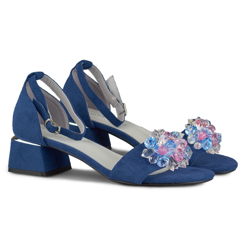 Sandály na nízkém podpatku zdobené námořnickou modří modrý 2