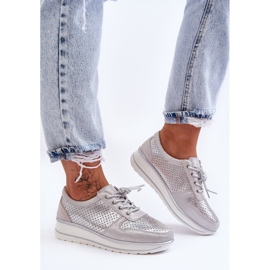 Kožená sportovní obuv s perforací S.Barski AL22246 Stříbrná stříbrný 1