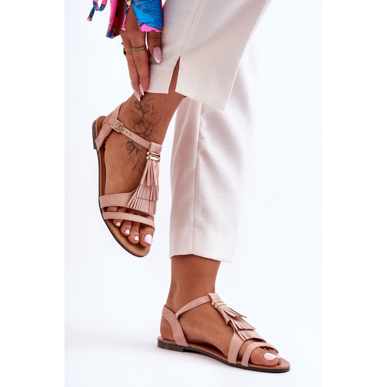 Ploché semišové sandály se střapci Světle růžová Viva růžový 2