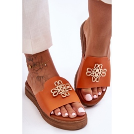 PG1 Dámské kožené pantofle na platformě s ozdobou Orange Azera oranžový 2