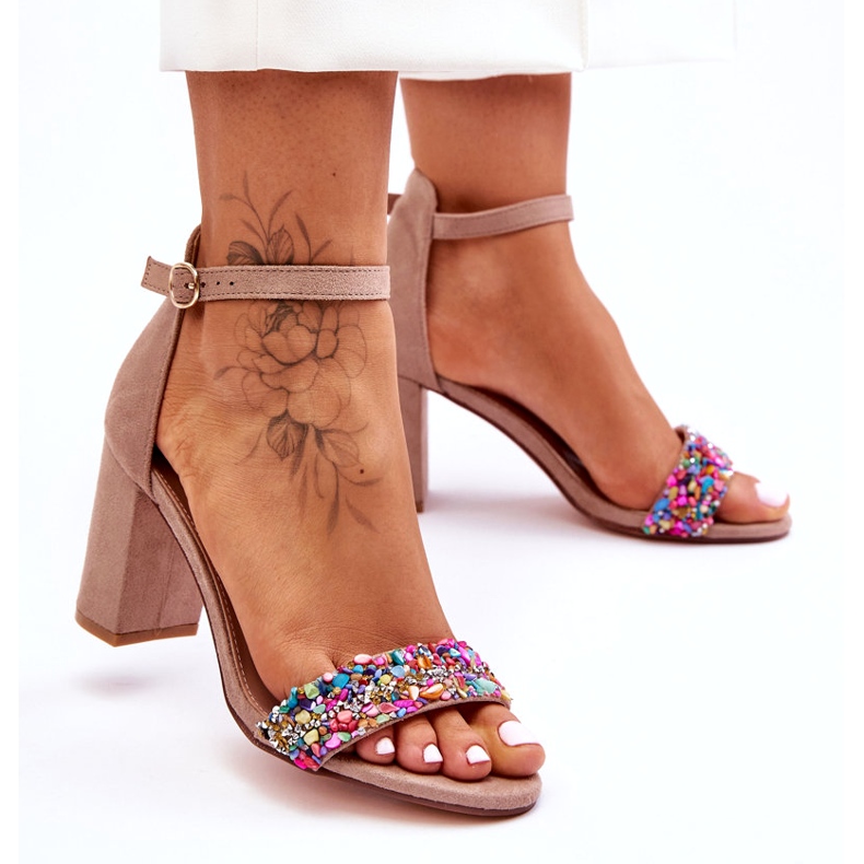 Módní sandály na vysokém podpatku s ozdobnými kameny Béžová Love Me béžový 4