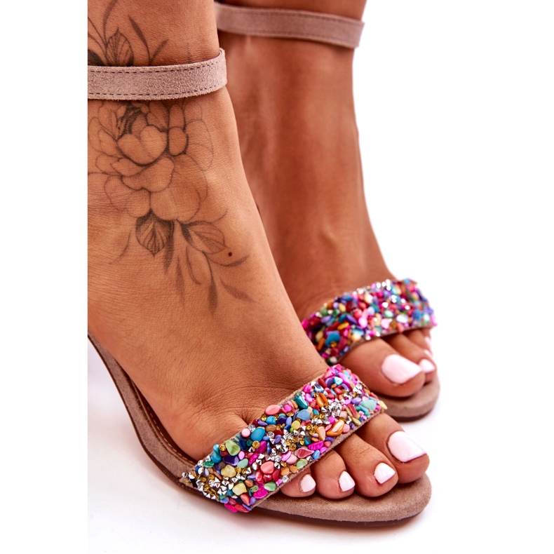 Módní sandály na vysokém podpatku s ozdobnými kameny Béžová Love Me béžový 1