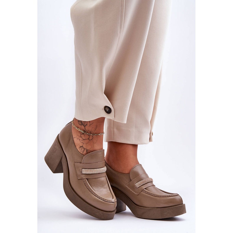 Lemar Kožené kalhoty Na Podpatku S Dekorací Tmavě Béžová Gelanor béžový 1