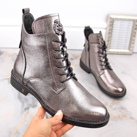 Dámské šněrovací a zipové cínové kozačky Potocki SZ12179 stříbrný 1