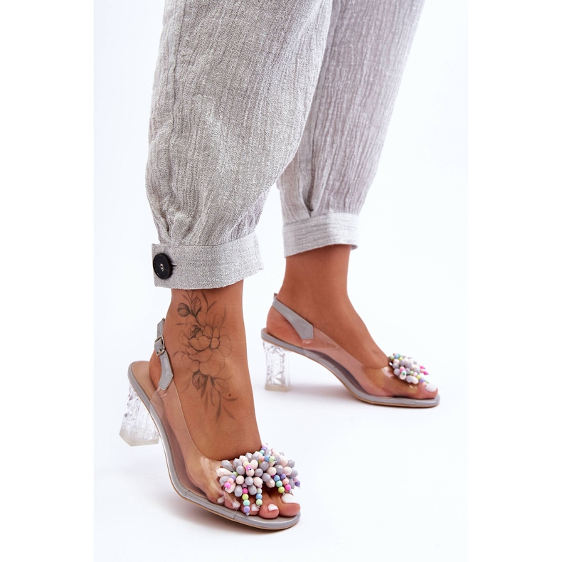 Zdobené módní sandály na podpatku Šedé S.Barski MR1037-23 šedá 2