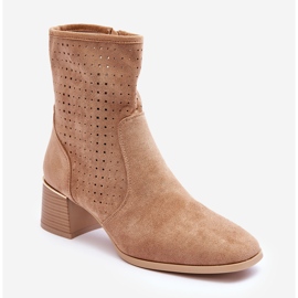 PG1 Semišové prolamované boty na vysokém podpatku tmavě béžové perly béžový 1