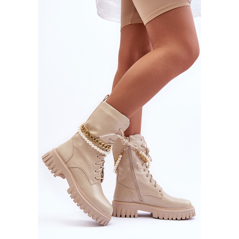 Kožené vysoké dělníky S řetízkem Béžové Nameer béžový 2