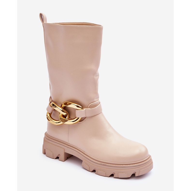 Kožené kozačky na plochém podpatku Béžová Diominna béžový 1