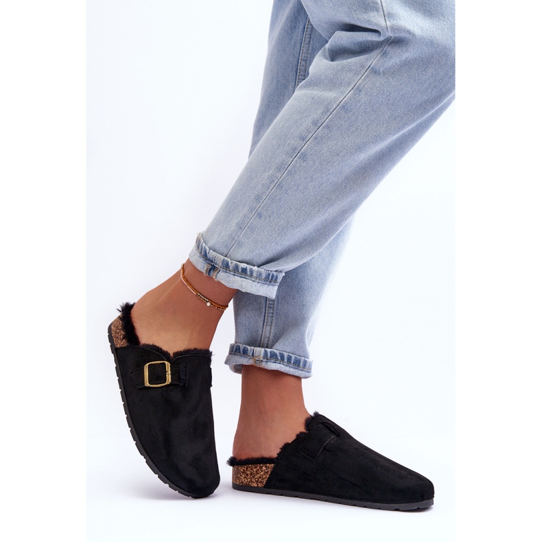 FB2 Dámské semišové žabky s kožešinou černá haidamia 2