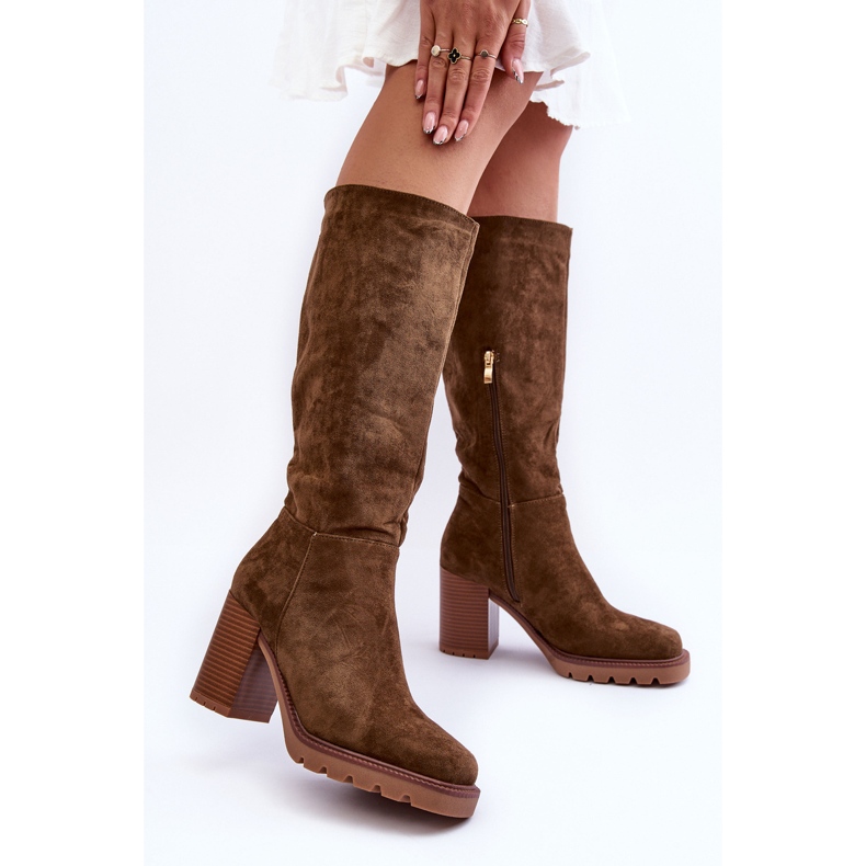 FJ1 Virdana Olivové semišové boty s masivními podpatky zelená 2