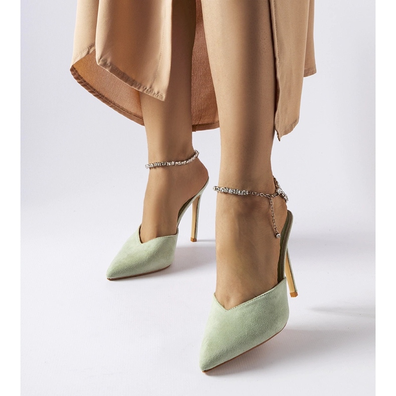 Zelené claude žabky na vysokém podpatku s kamínky zelená 1