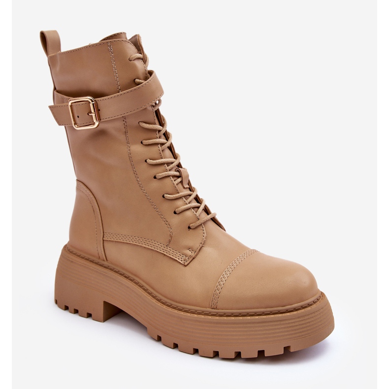 Kožené pracovní boty na plochém podpatku s přezkou, béžová Samivlo béžový 2