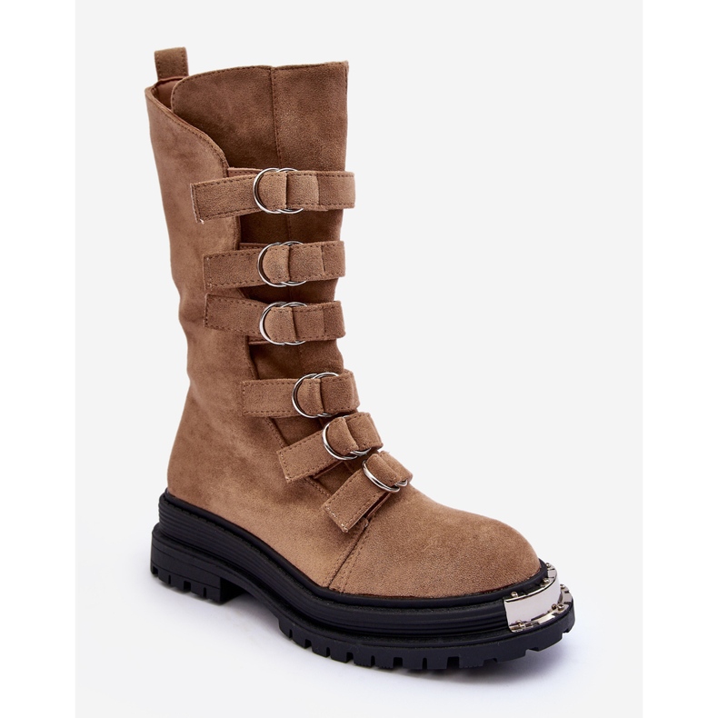 Semišové vysoké pracovní kotníkové boty s béžovými pásky Elnatea 1