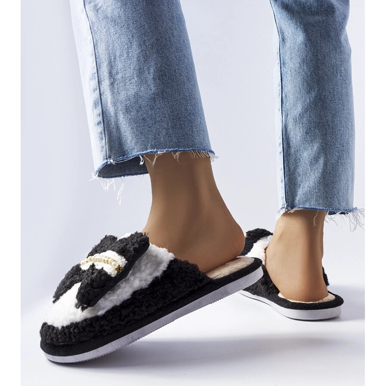 Černobílé pantofle s mašlí černý 2