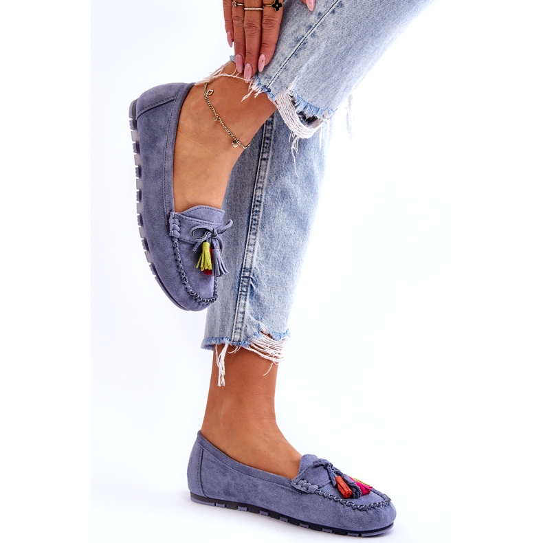 Modré semišové mokasíny s mašlí a třásněmi modrý 1