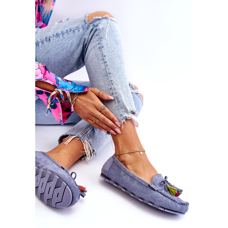 Modré semišové mokasíny s mašlí a třásněmi modrý 4