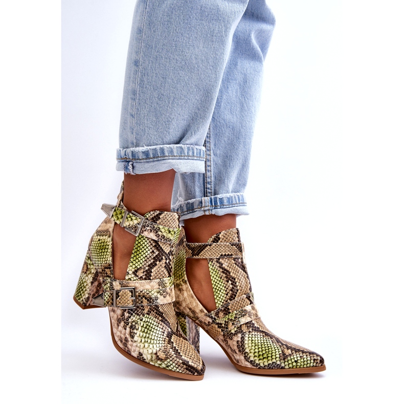 Módní kotníkové boty na vysokém podpatku s průstřihy, béžové a zelené béžový 1