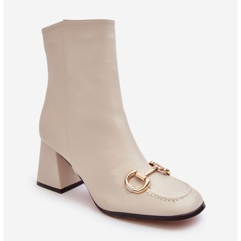 PH2 Béžové kožené kotníkové boty Pamelinta na vysokém podpatku se zdobením béžový 1