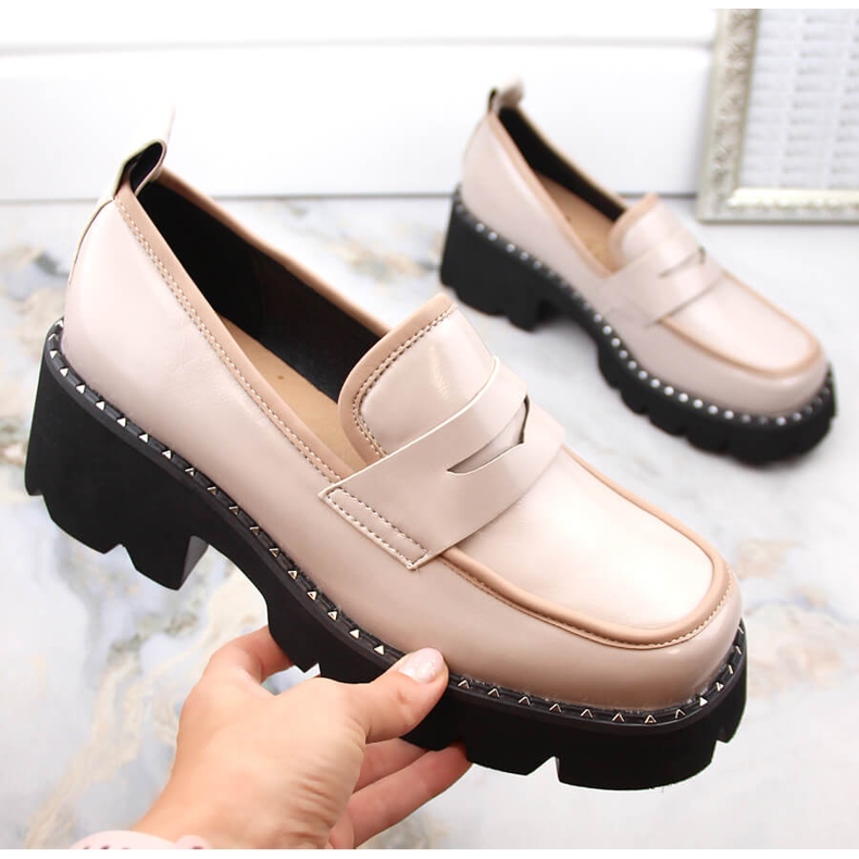 S.Barski Lakové mokasíny na vysokém podpatku a platformě, béžové béžový 1