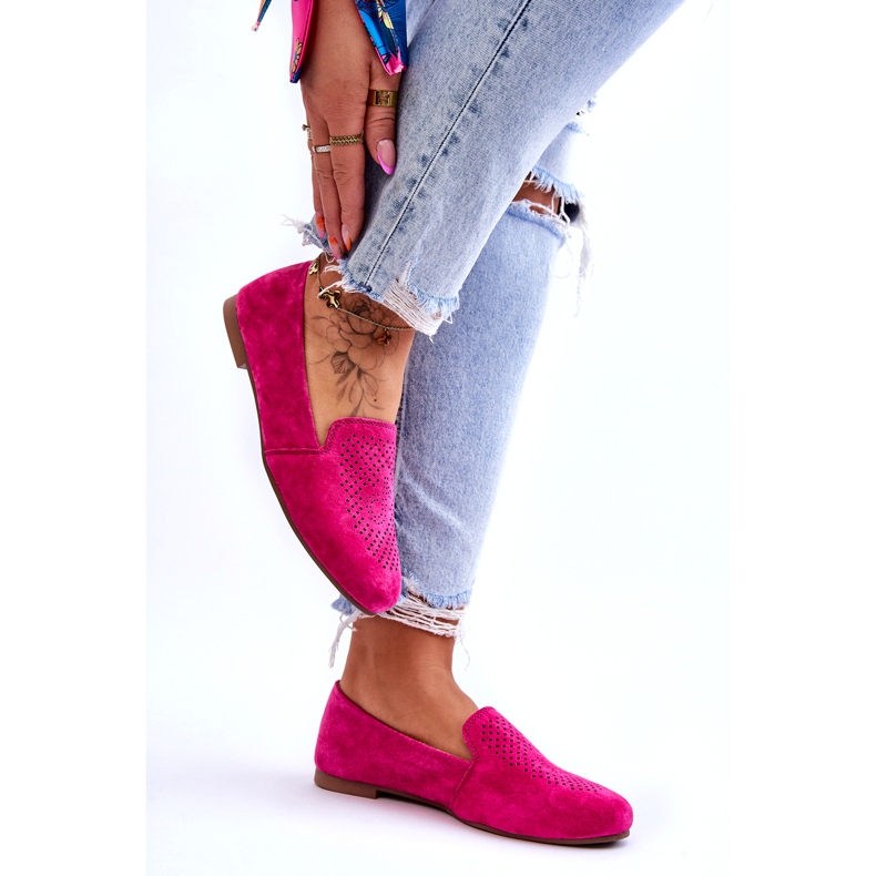 S.Barski Suede Pohodlné prolamované mokasíny Fuchsia růžový 3